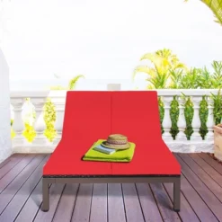 Tangkula 2-Person Patio Rattan Recliner Chaise Lounge with Wheels & Cushions