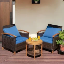 Tangkula 3-Piece Patio Wicker Rattan Conversation Set with Acacia Wood & Cushions