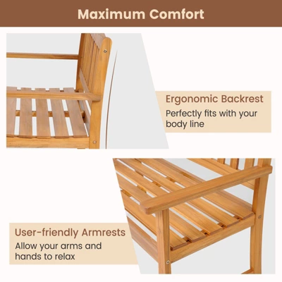 Tangkula 2-Person Outdoor Bench Patio Wooden Bench With Ergonomic Backrest & Armrests All-weather Acacia Wood Frame 43"x 22" 6 Tangkula 2-Person Outdoor Bench Patio Wooden Bench With Ergonomic Backrest & Armrests All-weather Acacia Wood Frame 43"x 22" - Image 6