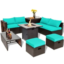 Tangkula 9 PCS Outdoor Patio Furniture Set W/ 30" Propane Fire Pit Table PE Wicker Space-Saving Sectional Sofa W/ Storage Box And Cushions Black/Gray/Navy/Red/Turquoise/Off White -Tangkula Shop GUEST 0167bc19 882a 4999 abb1 cfdaf7ff567d