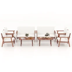 Tangkula 8PCS Conversation Set Acacia Wood Sofa Coffee Table W/ Cushioned Seat Patio