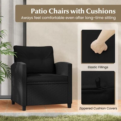 Tangkula 3 Piece Patio Furniture Set, Rattan Conversation Set W/Soft Seat & Back Cushions, Tempered Glass Topped Coffee Table Black 5 Tangkula 3 Piece Patio Furniture Set, Rattan Conversation Set W/Soft Seat & Back Cushions, Tempered Glass Topped Coffee Table Black - Image 5
