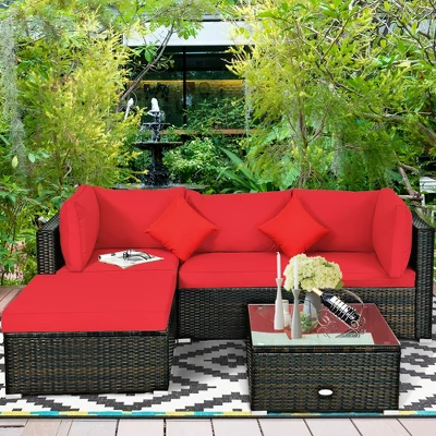 Tangkula 5-Piece Rattan Sectional Sofa Set: Modular Outdoor Patio Furniture with Red Cushions 2 Tangkula 5-Piece Rattan Sectional Sofa Set: Modular Outdoor Patio Furniture with Red Cushions - Image 2