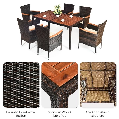 Tangkula 7-Piece Outdoor Rattan Dining Set - Acacia Wood Table & 6 Stackable Chairs 5 Tangkula 7-Piece Outdoor Rattan Dining Set - Acacia Wood Table & 6 Stackable Chairs - Image 5