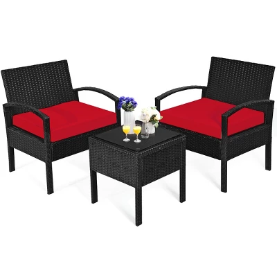 Tangkula 3 Pieces Patio Set Outdoor Wicker Rattan Furniture W/ Cushions Red 5 Tangkula 3 Pieces Patio Set Outdoor Wicker Rattan Furniture W/ Cushions Red - Image 5