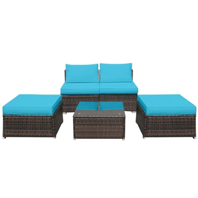Tangkula 5-Piece Outdoor Rattan Wicker Sofa Set Lounge Chair With Turquoise Cushions 6 Tangkula 5-Piece Outdoor Rattan Wicker Sofa Set Lounge Chair With Turquoise Cushions - Image 6