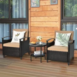 Tangkula 3-Piece Rattan Sofa Chair Patio Conversation Set With Coffee Table & Cushions