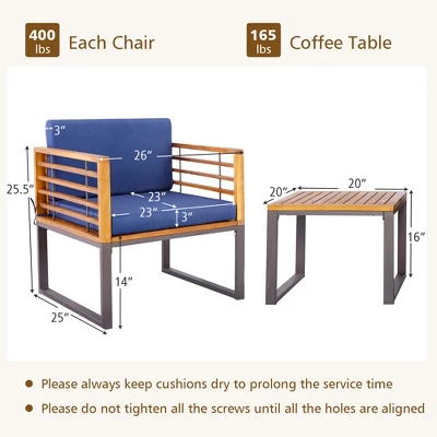 Tangkula 3PCS Acacia Wood Patio Bistro Set Outdoor Conversation Furniture Set W/ Navy Cushions 5 Tangkula 3PCS Acacia Wood Patio Bistro Set Outdoor Conversation Furniture Set W/ Navy Cushions - Image 5