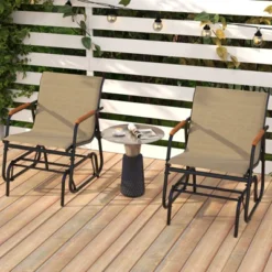 Tangkula Patio Glider Chair Set of 2 with Curved Teak Armrests