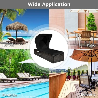 Tangkula Rattan Patio Chaise Lounge Chair W/ Adjustable Canopy Black Cushion 4 Tangkula Rattan Patio Chaise Lounge Chair W/ Adjustable Canopy Black Cushion - Image 4