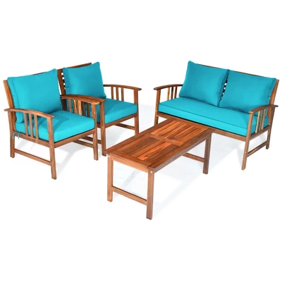 Tangkula 4pcs Wooden Patio Furniture Set Table & Sectional Sofa W/ Turquoise Cushion 6 Tangkula 4pcs Wooden Patio Furniture Set Table & Sectional Sofa W/ Turquoise Cushion - Image 6