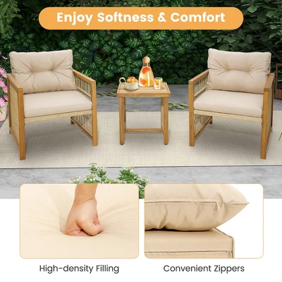 Tangkula 3PCS Patio Acacia Wood PE Wicker Furniture Set W/ Soft Seat & Back Cushions 6 Tangkula 3PCS Patio Acacia Wood PE Wicker Furniture Set W/ Soft Seat & Back Cushions - Image 6