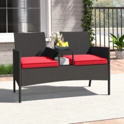 Tangkula 2-Seat Outdoor Rattan Loveseat with Integrated Coffee Table & Cushions