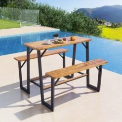 Tangkula Acacia Wood Picnic Table 4-Person Outdoor Table And Bench Set With 2 Built-in Benches Footrests Umbrella Hole Heavy-Duty Metal Frame