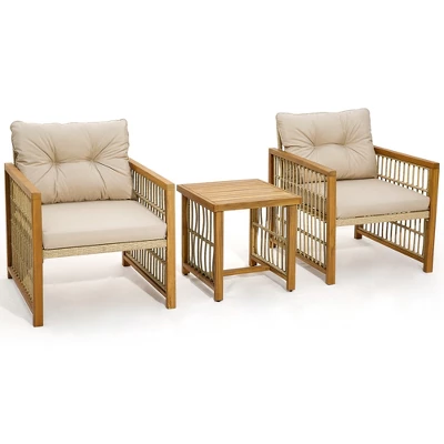 Tangkula 3PCS Patio Acacia Wood PE Wicker Furniture Set W/ Soft Seat & Back Cushions 9 Tangkula 3PCS Patio Acacia Wood PE Wicker Furniture Set W/ Soft Seat & Back Cushions - Image 9