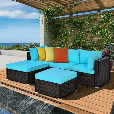 Tangkula 5-Piece Outdoor Patio Sectional Rattan Wicker Conversation Sofa Set With Turquoise/Yellowish Cushions 2 Tangkula 5-Piece Outdoor Patio Sectional Rattan Wicker Conversation Sofa Set With Turquoise/Yellowish Cushions - Image 2