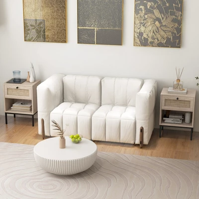 Tangkula 2PCS Rattan Nightstand Boho End Table W/ Drawer & Open Shelf For Living Room Oak 2 Tangkula 2PCS Rattan Nightstand Boho End Table W/ Drawer & Open Shelf For Living Room Oak - Image 2