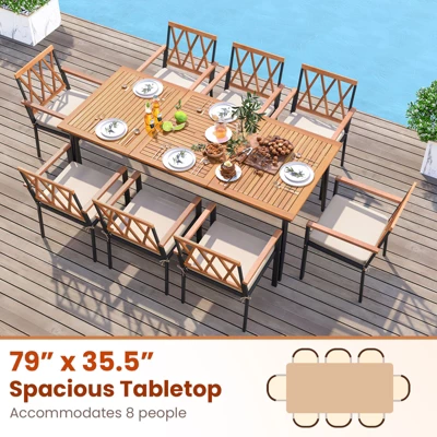 Tangkula 8-Person Outdoor Dining Table 79 Inch Acacia Wood Patio Table With Umbrella Hole Metal Legs & Adjustable Foot Pads 7 Tangkula 8-Person Outdoor Dining Table 79 Inch Acacia Wood Patio Table With Umbrella Hole Metal Legs & Adjustable Foot Pads - Image 7