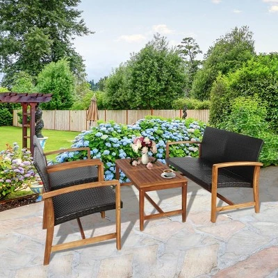 Tangkula 4-Piece Patio Conversation Set with Acacia Wood and PE Rattan 3 Tangkula 4-Piece Patio Conversation Set with Acacia Wood and PE Rattan - Image 3