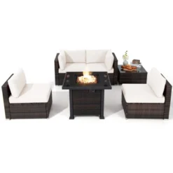 Tangkula 6 Piece Patio Wicker Conversation Set, Outdoor Rattan Sofa Set W/ 32" Propane Fire Pit Table, 50,000 BTU Heat, Tempered Glass Tabletop Black/Navy Blue/Red/Turquoise/Off White -Tangkula Shop GUEST 07ce5ef2 5155 4797 a4c2 b43a8d30ba12