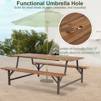 Tangkula 71" Patio Picnic Table Bench Set Outdoor Camping Table Set W/ Acacia Wood Tabletop & Seat 2" Umbrella Hole 4 Tangkula 71" Patio Picnic Table Bench Set Outdoor Camping Table Set W/ Acacia Wood Tabletop & Seat 2" Umbrella Hole - Image 4