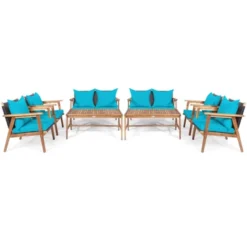 Tangkula 8PCS Patio Rattan Furniture Set Wood Frame Cushioned Sofa With Coffee Table Sectional Conversation Sofa Set For Garden Turquoise/Navy/Brown/Red -Tangkula Shop GUEST 0862e8e8 a7f5 4a80 8cf9 5e18d0230906