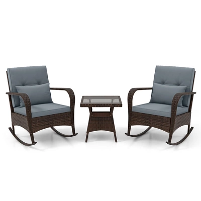 Tangkula 3PCS Outdoor Rocking Set Rattan Rocker Chairs W/ Tempered Glass Coffee Table Wicker Rocker Set 9 Tangkula 3PCS Outdoor Rocking Set Rattan Rocker Chairs W/ Tempered Glass Coffee Table Wicker Rocker Set - Image 9