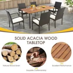 Tangkula Rectangular Acacia Wood Dining Table W/ 1.9" Umbrella Hole Patio Natural & Black