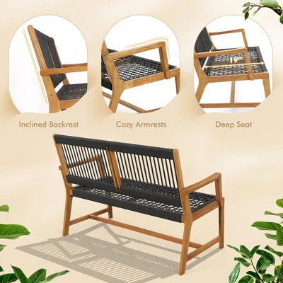 Tangkula Patio 2-Person Acacia Wood Bench with All-Weather Rope Weaving 5 Tangkula Patio 2-Person Acacia Wood Bench with All-Weather Rope Weaving - Image 5