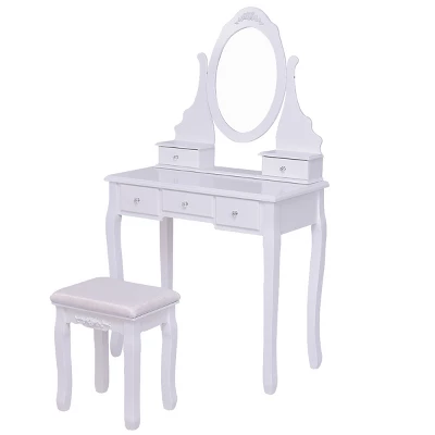 Tangkula Oval Vanity Mirror Dressing Table Beauty Dresser Cosmetics Organizer W/ Cushioned Bench 1 Tangkula Oval Vanity Mirror Dressing Table Beauty Dresser Cosmetics Organizer W/ Cushioned Bench
