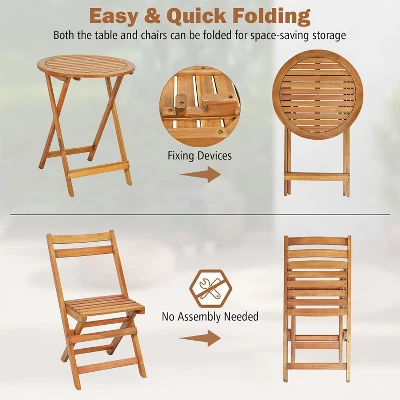 Tangkula 3PCS Folding Bistro Set Solid Acacia Wood Table & Chairs Slatted Tabletop Patio 6 Tangkula 3PCS Folding Bistro Set Solid Acacia Wood Table & Chairs Slatted Tabletop Patio - Image 6