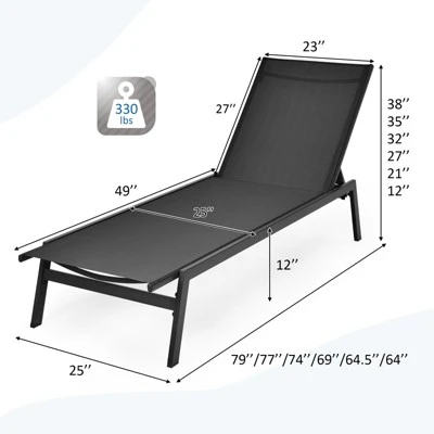 Tangkula Patio Chaise Lounger With 6-Postion Adjustable Backrest And Breathable Fabric Black 2 Tangkula Patio Chaise Lounger With 6-Postion Adjustable Backrest And Breathable Fabric Black - Image 2