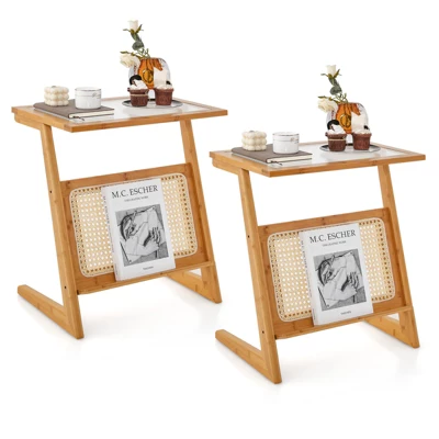 Tangkula 1pc/2pcs Z-shaped Side Table W/ Rattan Shelf Glass Top End Table W/ Magazine Rack Space-saving Sofa Side Bedside Table 10 Tangkula 1pc/2pcs Z-shaped Side Table W/ Rattan Shelf Glass Top End Table W/ Magazine Rack Space-saving Sofa Side Bedside Table - Image 10