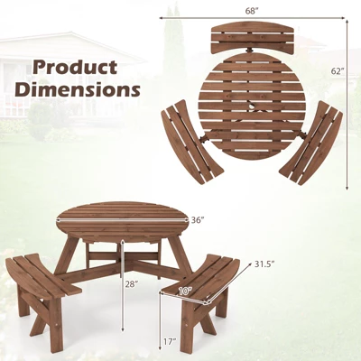 Tangkula 6-Person Round Picnic Table Set W/ 3 Built-in Benches 2" Umbrella Hole 8 Tangkula 6-Person Round Picnic Table Set W/ 3 Built-in Benches 2" Umbrella Hole - Image 8