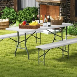Tangkula 3 PCS Folding Picnic Table Set W/ 6 Ft Table & 2 Benches HDPE Tabletop Bench Top Coffee