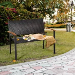 Tangkula 2 PCS Patio Furniture Set Weather-Resistant Rattan Bench Wicker Loveseat Steel Frame For Yard Garden Poolside