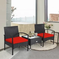 Tangkula 3 PCS Patio Wicker Rattan Furniture Set Coffee Table & 2 Rattan Chair W/ Cushion Red -Tangkula Shop GUEST 0b08bb59 daad 48a9 a8a9 90715efbfab6