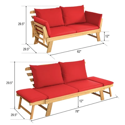 Tangkula Adjustable Patio Sofa Daybed Acacia Wood Furniture W/ Red Cushions 8 Tangkula Adjustable Patio Sofa Daybed Acacia Wood Furniture W/ Red Cushions - Image 8