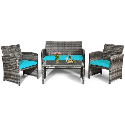Tangkula 4-Piece Rattan Wicker Outdoor Patio Conversation Set - Turquoise 3 Tangkula 4-Piece Rattan Wicker Outdoor Patio Conversation Set - Turquoise - Image 3