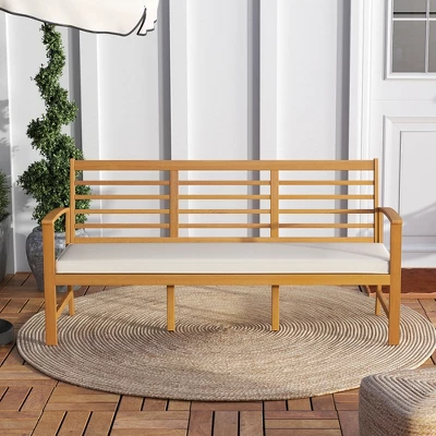 Tangkula 64" Acacia Wood 3-Seat Patio Bench with Off-White Cushion 3 Tangkula 64" Acacia Wood 3-Seat Patio Bench with Off-White Cushion - Image 3
