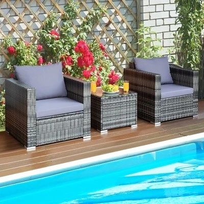 Tangkula 3PCS Rattan Patio Conversation Set Outdoor Furniture Set W/ Table Cushion 2 Tangkula 3PCS Rattan Patio Conversation Set Outdoor Furniture Set W/ Table Cushion - Image 2