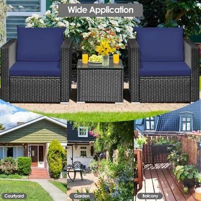 Tangkula 3-Piece Outdoor Rattan Conversation Set - Navy Blue Cushions 4 Tangkula 3-Piece Outdoor Rattan Conversation Set - Navy Blue Cushions - Image 4