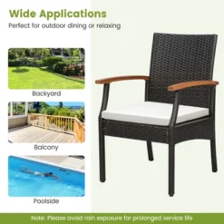 Tangkula Set Of 2 PE Wicker Chairs Acacia Wood Armrests W/ White Soft Zippered Cushion Patio