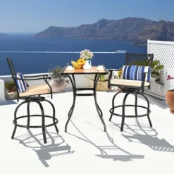 Tangkula 2PCS Patio Swivel Chairs Outdoor Bar Height Chair Set W/ Cushions & Lumbar Pillows