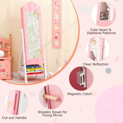 Tangkula Kids Jewelry Armoire Cabinet Freestanding Full Length Dressing Mirror With Large Capacity Pink/White 5 Tangkula Kids Jewelry Armoire Cabinet Freestanding Full Length Dressing Mirror With Large Capacity Pink/White - Image 5