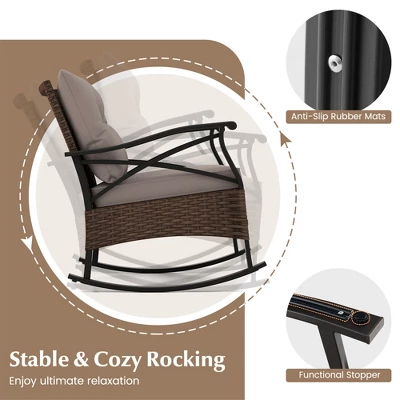 Tangkula 3 Pieces Outdoor Rocking Chairs Set Rattan Heavy Duty Cushioned Rocker Chairs With 2-Tier Tempered Glass Coffee Table 4 Tangkula 3 Pieces Outdoor Rocking Chairs Set Rattan Heavy Duty Cushioned Rocker Chairs With 2-Tier Tempered Glass Coffee Table - Image 4