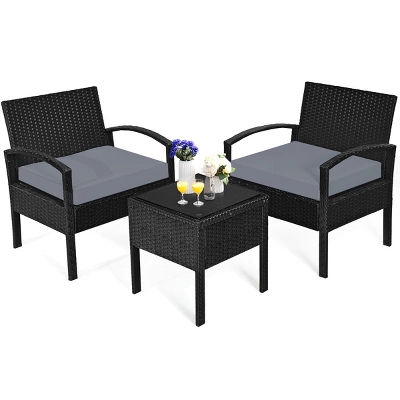Tangkula 3 Pieces Patio Set Outdoor Wicker Rattan Furniture W/ Cushions Gray 5 Tangkula 3 Pieces Patio Set Outdoor Wicker Rattan Furniture W/ Cushions Gray - Image 5
