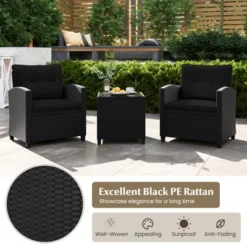Tangkula 3 Piece Patio Furniture Set, Rattan Conversation Set W/Soft Seat & Back Cushions, Tempered Glass Topped Coffee Table Black 12 Tangkula 3 Piece Patio Furniture Set, Rattan Conversation Set W/Soft Seat & Back Cushions, Tempered Glass Topped Coffee Table Black -Tangkula Shop GUEST 0d662389 22ec 4843 a80d 9e2335cb50f2