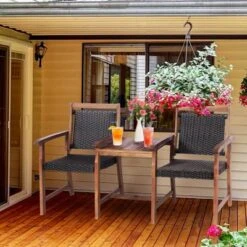 Acacia Wood Outdoor Bench with Table & Umbrella Hole - Small Space Set