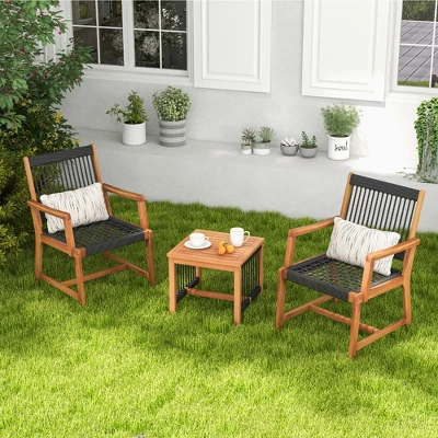 Tangkula 3 PCS Solid Acacia Wood Patio Set All-Weather Rope Woven Chair Garden Poolside 1 Tangkula 3 PCS Solid Acacia Wood Patio Set All-Weather Rope Woven Chair Garden Poolside